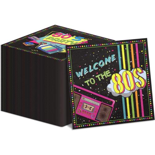 100Pcs 80's Napkins Decorations - 13 x 13inch Back to the 80's Napkins Colorful Hip Hop Paper for Back to the 80s Party Decorations, 80s Theme Birthday Party Supplies