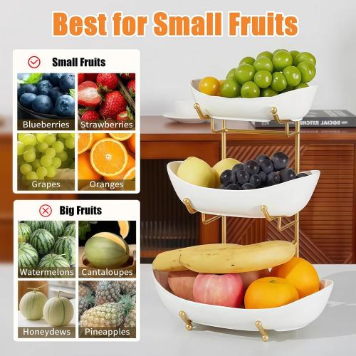 Ceramic Fruit Bowl for Kitchen Counter - 3 Tier Fruit Basket with Metal Stand, Tiered Fruit Stand for Countertop, Snack, Nuts, Cake, Dessert, Cute (Gold, Small) 1
