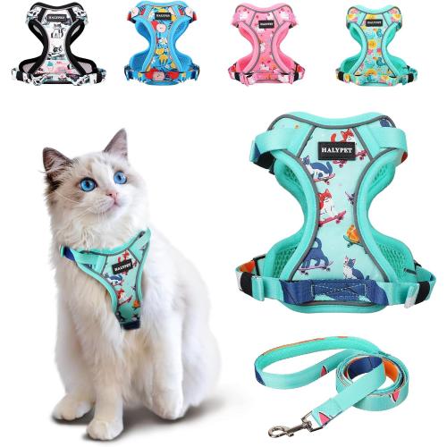 Halypet Cat Harness and Leash Set[MAX Safety 4th-Gen] Cute Escape Proof Vest Harness for Girl&Boy Cat Walking, Comfortable Adjustable Leash and Reflective Strips for Outdoor Kitten, S Purrfect Green