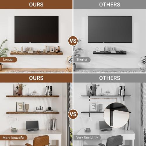 Floating Shelves for Wall 48 Inches Long,9.3 Deep Rustic Brown Floating Shelf Set of 2,Wall Mounted Wood Shelves for Bathroom Bedroom Living Room Kitchen Office,Shelf for Books Storage Room Decor