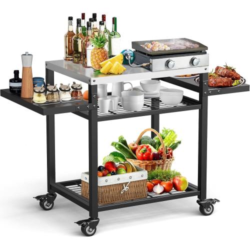 42 x 20 Three-Shelf Grill Cart, Outdoor Grill Table with Pizza Oven & BBQ Grill Stand