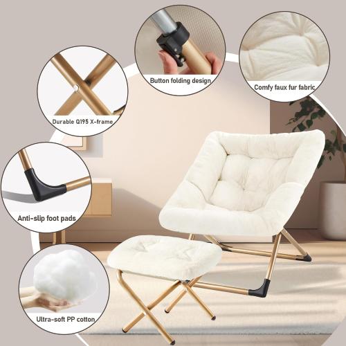Youtanic Comfy Oversized Saucer Chair with Ottoman,Soft Faux Fur Reading Lounge Chair for Adults,Stable X-Large Metal Frame and Non-Slip Pad,Cozy Chair for Bedroom, Living Room, Dorm, Office, Beige