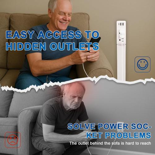 Outlet Extender Stick with USB-A & USB-C, 2 AC Outlets, Adjustable 22-34 Plug Extender, 180° Rotating Wall Outlet Extender for Hard-to-Reach Outlets Behind Sofa, Bed, Desk, Nightstand