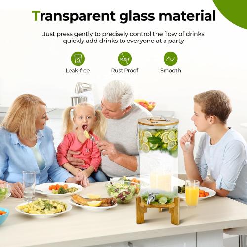 Size 2.9 Beverage Dispenser 2.9 Gallon with Spigot Glass Water Dispenser for Parties, Bars, Restaurants (11L）with Wood Stand Drink Dispensers