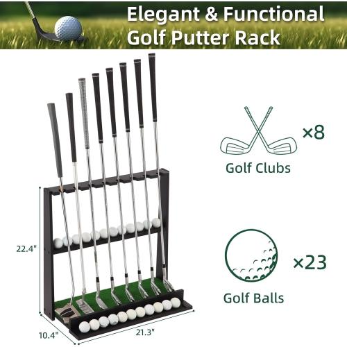Wooden Golf Putter Stand with Ball Storage - Holds 8 Clubs & 22 Golf Balls, Space-Saving Golf Club Holder for Indoor/Home/Office/Simulator/Driving Range - Golf Accessories & Training Aid