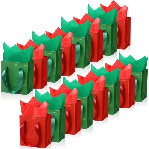 Tenare 12 Pcs Small Gift Bags Mini Paper Bags Bulk Tiny with Handle Tissue for Jewelry Gift Wrapping Happy Valentine's Day Chinese New Year Birthday Party Favor Supplies(7 * 4 * 9inch,Red Green)