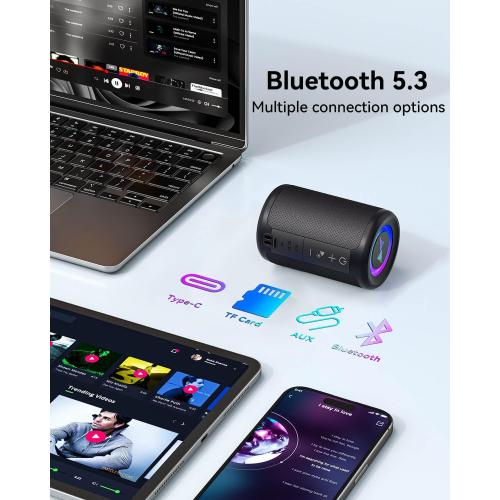 LENRUE Small Portable Bluetooth Speaker with Lights, TWS Stereo Surround Sound, Type C Powered, Bluetooth 5.3, AUX TF Card Input, Wireless for Outdoor Home, Coolest Gifts