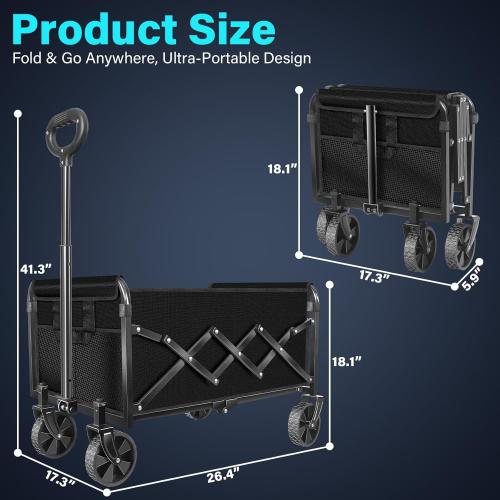 Wagons Carts Foldable, Collapsible Wagon with Wheels — Foldable Wagon for Groceries,Picnic,Beach,Camping, Small Hauls, Apartment Moving Storage, Portable Utility Folding Wagon Cart, ,Jet Black