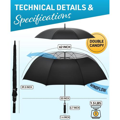 TUMELLA Golf Umbrella 62 Inch Windproof, Extra Large Auto Open, Double Canopy, Heavy Duty Rain Protection for Golf, Sports & Family Use, Wind Resistant & Tested 33  MPH