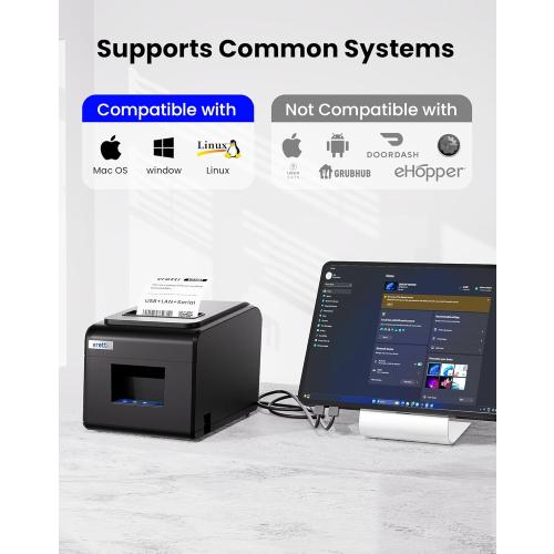 vretti Thermal Receipt Printer, 3'1/8 80mm Direct Thermal Printer with USB Serial LAN Port - Kitchen POS Printer ESC/POS Command Support Cash Drawer