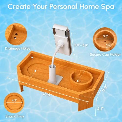 Bamboo Hot Tub Tray with 360°Adjustable Phone Holder, Hot Tub Drink Holder