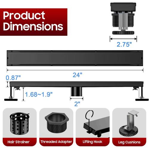 DLONE Linear Shower Drain | 24 AISI 304 Stainless Steel Shower Drain, Matte Black Linear Drain with Tile Insert Panel & Adjustable Feet, Long Rectangle Shower Floor Drain in Bathroom, Balcony, etc