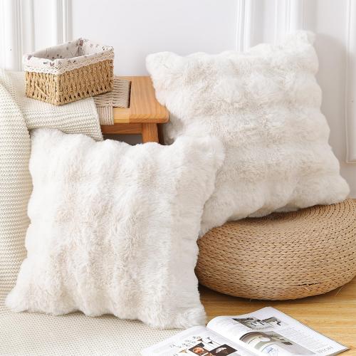 MADIZZ Pack of 2 Thick Plush Wool Throw Pillow Covers 18x18 Inch Cream Soft Neutral Decorative Throw Pillows Accent Boho Cushion Covers for Couch Sofa Bedroom Pillow Shell