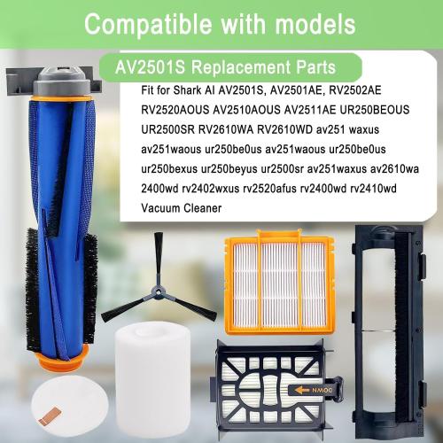 Replacement Parts for Shark AI AV2501S AV2511AE AV2610WA AV2501AE RV2502AE RV2400WD AI Ultra 2- in-1 Robot Vacuum, Main Brush, Filter, Side Brush, Roller Cover, Pre-Motor Foam & Felt Filter