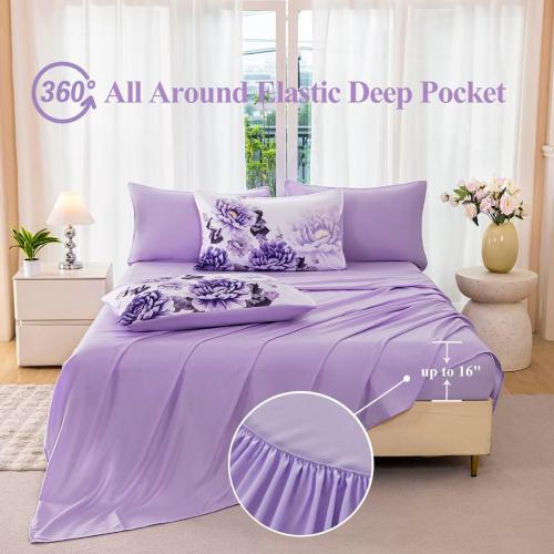 King Size Bed Floral Comforter Sets for Women Soft Lightweight 1 piece Flower Bedding Set All Season(Purple, King)