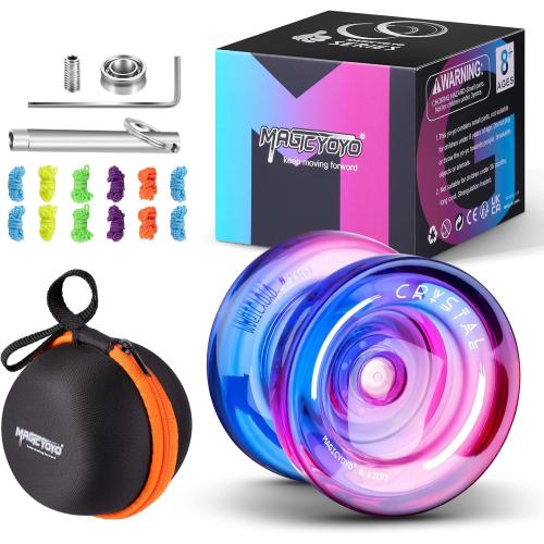 MAGICYOYO K2 Crystal Responsive Yoyo for Kids 8-12, Professional Fingerspin Trick YoYo for Advanced, Dual Purpose Mode with Unresponsive Bearing 12 Yo yo Strings Yo-yo Case Bag (Pink Purple Gradient)