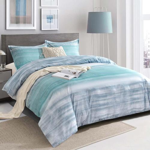ETDIFFE Comforter Set Queen Size, 3pc Teal Grey and Blue Gradient Striped Pattern Bedding Set - Modern Soft & Lightweight All Season Farmhouse Microfiber Down Alternative Comforter (90x90)