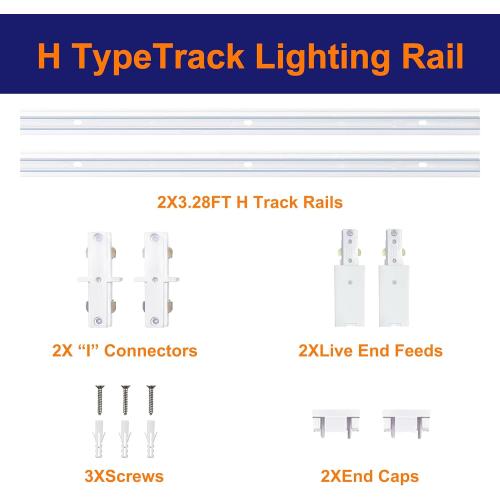 White Aluminum Alloy Shell H Type Track Lighting Rails, 4PCS H Track Lighting Rails Kit 120V Single Circuit 3-Wire 6.5 FT (3.28FT*2) with Extra I Connector Wall Anchors for H Track Lighting Heads