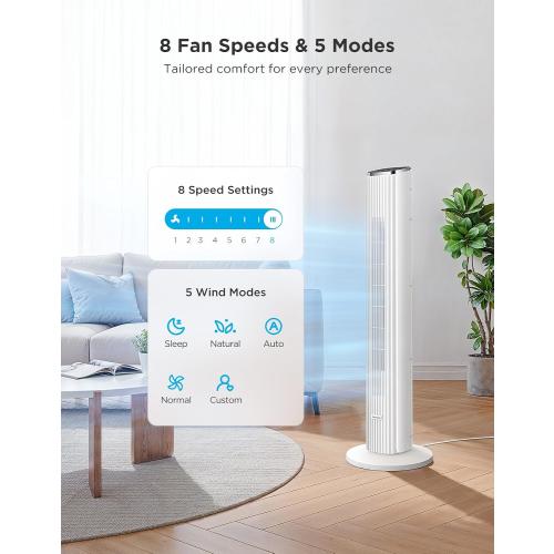 GoveeLife White Tower Fan for Bedroom, 36 Smart Floor Fan with App/Voice Control, Temperature Sensor, 5 Modes 8 Speeds(25ft/s), 29dB Quiet Oscillating Fan for Office, 24H Timer, Auto Cooling