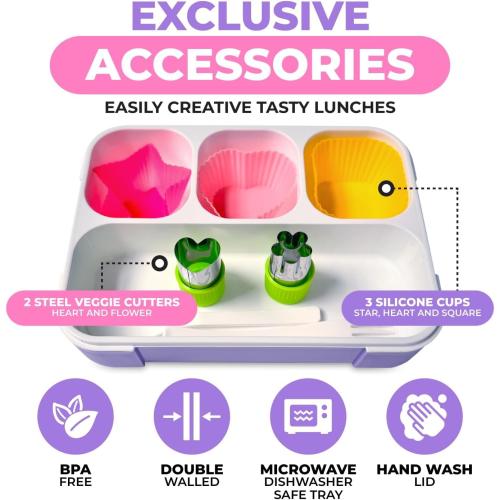 Bento Lunch Box with Insulated Bag, Ice Pack and Bento Accessories for Girls. Snack Containers with 4 Compartment Dividers for Toddlers Pre-School Daycare BPA Free Set, Utensils, Rainbow Unicorn