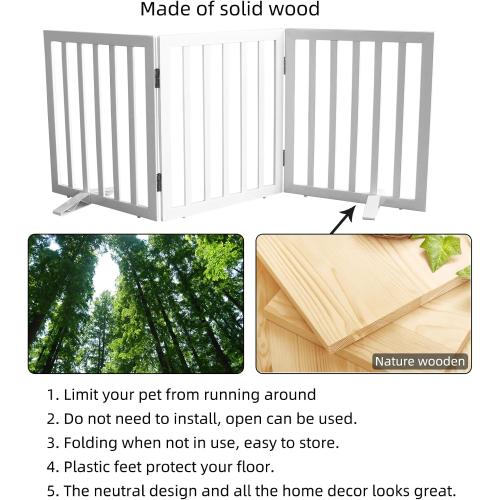 ZJSF Freestanding Indoor Dog Gate for House Foldable Wood White Puppy Gate for Doorways Pet Gate for Stairs Extra Wide Pet Fence 24 Height 3 Panels