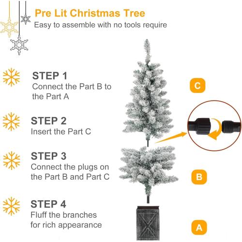 4FT Prelit Christmas Tree 2-Pack Snow Flocked Artificial Potted Christmas Tree with 100 Warm White LEDs Battery Powered & 8 Lighting Modes for Xmas Porch Entrance Decorations