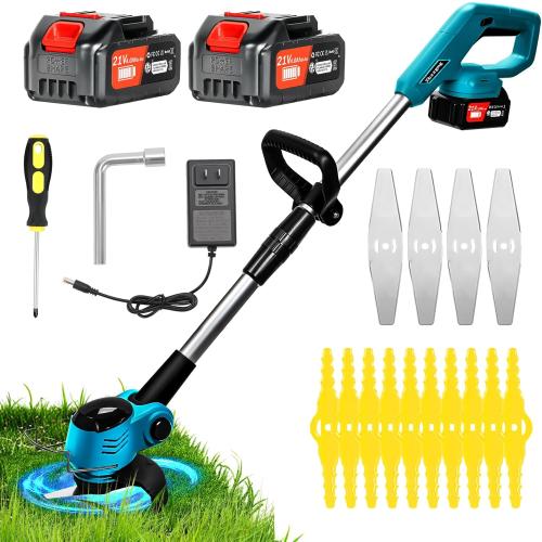 Blue Electric Weed Wacker Cordless, Electric Grass Trimmer 21V 4.0Ah Battery Powered Weed Trimmer, 3 in 1 Lightweight Brush Cutter/Edger/String Trimmer with 2 Types Blade & for Garden and Yard Lawn