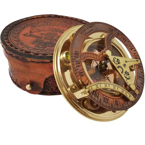 Brass Nautical - Antique Brass & Copper Sundial Compass, Sundial Clock in Box Gift Sun Clock Ship Replica Watch