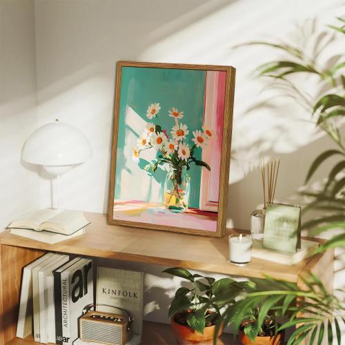 Framed Moody Floral Canvas Wall Art, Vintage Daisy Flower Pictures Wall Decor, Rustic Wildflower Paintings Prints Cottagecore Home Decor for Living Room Bedroom Bathroom 16x24 inch