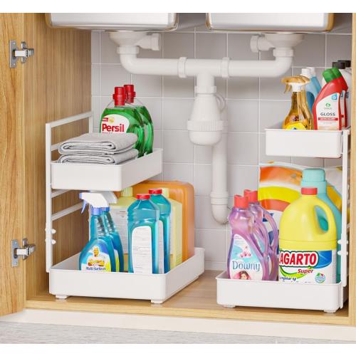 White 2Pack EVERIE Height Adjustable 2 Tier Metal Pull Out Slide Shelf Organizer for Framed or Frameless Under Sink Cabinets in Kitchen, Bathroom, with Snap-on Top Tray (White, 2 Sets)
