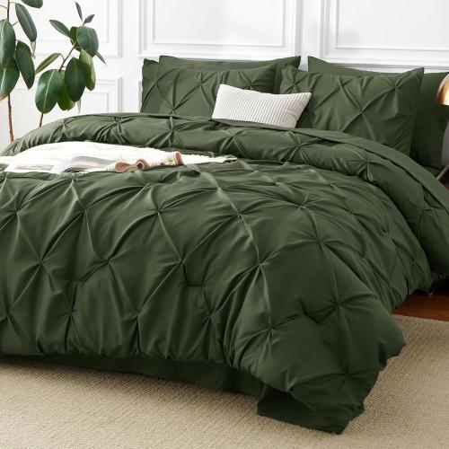 CozyLux California King Comforter Set Olive Green, 7 Pieces Cal King Pintuck Bed in A Bag, Pinch Pleat Bedding Sets with All Season Comforter, Flat Sheet, Fitted Sheet, Pillowcases & Shams