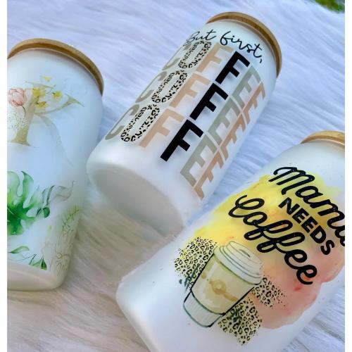 Frosted Sublimation Glass With Bamboo Lid, Cups With Straws 16OZ Tumbler, Beer Can Glass Blanks 8Pack