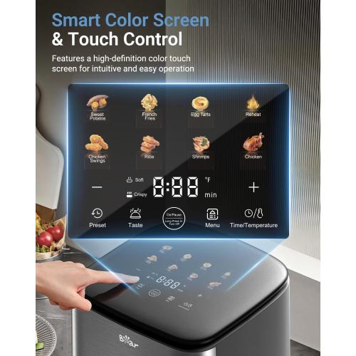 Bear 6.3QT Air Fryer with Smart Color Touchscreen, 4D Turbo Crisp Technology, See-Through Window & Steam Function for Juicy Results, 1600W, Dishwasher Safe Basket