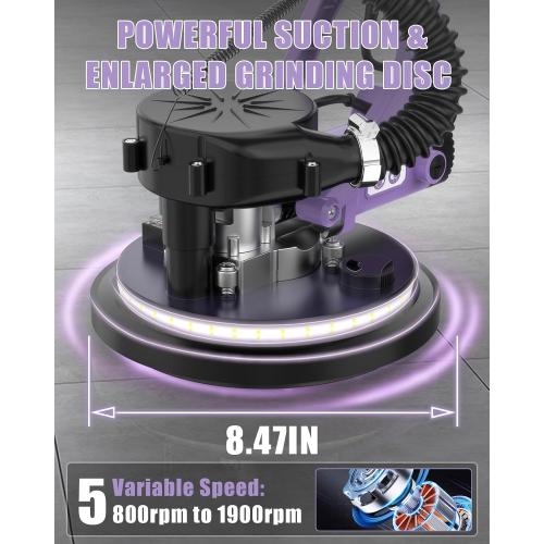 Drywall Sander with Vacuum Dust Collector, AZZUNO 12A Popcorn Ceiling Removal Tool, Electric Drywall Tools with 5 Variable Speeds (800-1900RPM), 12pcs Sanding Discs (Purple)