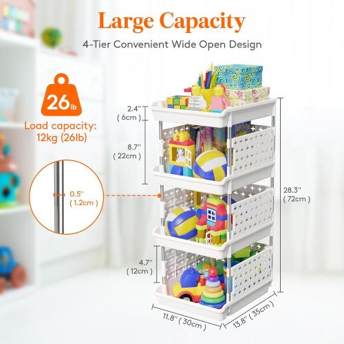 Lifewit Plastic Stackable Storage Baskets, 4 Tier Stacking Bins for Food and Clothes, Multifunctional Organizer for RV, Kitchen, Playroom, Pantry and Bathroom, 13.8D x 11.8W x 28.3H, 1 Pack, White