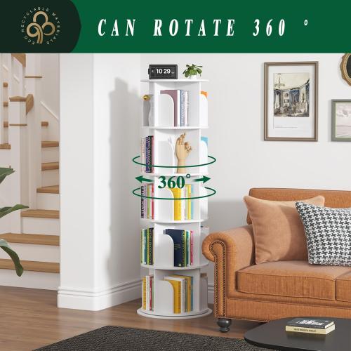 Rotating Bookshelf Tower 5 Tier,Spinning Bookcase, Revolving 360 Book Shelf Narrow Tall Bookcase, Vertical Turning Round storage Bookshelf ,Book Shelf Organizer for Bedroom, Living Room, White
