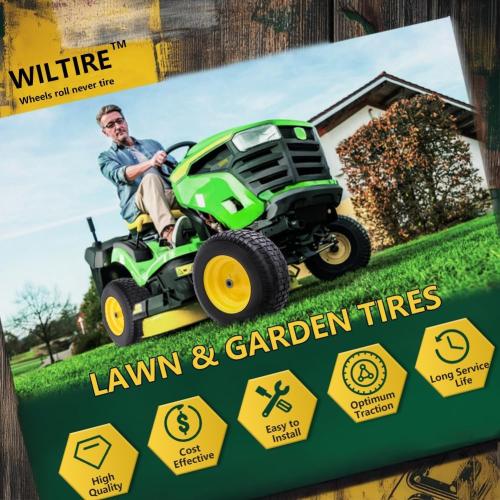 16x6.50-8 Tire and Wheel Assembly (2 Pack),Flat Free Lawn Mower Tires with Rim, Solid Rubber Riding Lawn Mower Tires and Wheels,3 Offset Hub,3/4 Bushings,16x6.5-8 Tractor Turf Tire(Yellow)