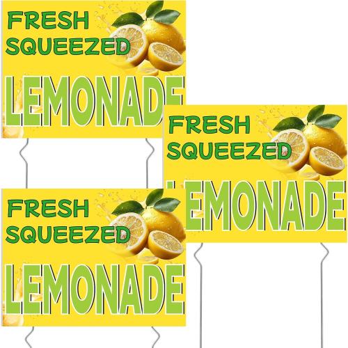 3 Pcs Lemonade Sign,12 x 16'' Fresh Squeezed Lemonade Yard Lawn Sign with Steel Stakes Double Sided Lemonade Stand Birthday Party Decorations for Lemonade Stand Supplies Store Home Outdoor