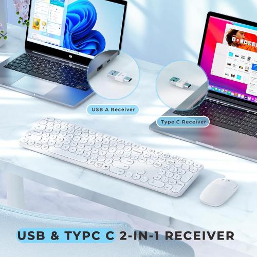seenda Wireless Keyboard and Mouse, USB & Type C 2-in-1 Receiver, SK73-3 Full Size White Wireless Keyboard Mouse Combo, Compatible for Windows, MacBook Pro/Air, Laptop, Desktop, PC - White