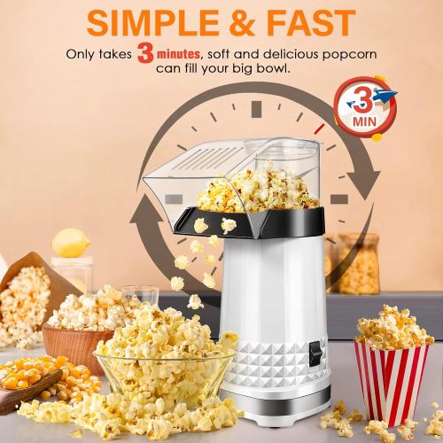 Popcorn Maker Machine 1200W, 4.5-Quart Air Popper Popcorn Maker, 2-Minute Oil-Free Hot Air Popcorn Popper, Easy Clean, No Unpopped Kernels, Healthy Family Snack