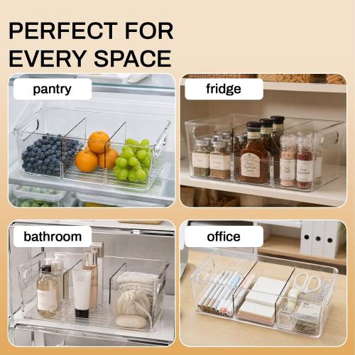 Mpotmiy 6-Pack Pantry Organizers and Storage, Clear Fridge Organizer Bins | Clear stackable plastic bins with removable dividers for packets, snacks, pouches and spices in pantry, fridge or freezer.