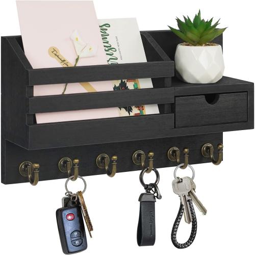 FifthQuarter Key and Mail Holder for Wall, Mail Organizer Wall Mount with 6 Hooks and Storage Drawer, Easy Installation Key Rack for Entryway and Home Decor (A-Black)