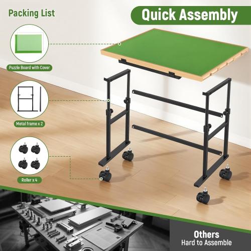 1500 Piece Jigsaw Puzzle Table with Metal Lazy Susan, Rotating Adjustable Height Puzzle Desk with Legs for Adults, 4-Tilting-Angle Portable Wooden Game Board with 6 Drawers & Cover