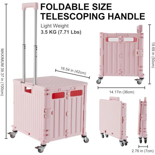 MACOPRO Folding Utility Cart Portable Rolling Crate Handcart Shopping Trolley Collapsible Tool Box, with Lid, Basket on 4 Rotate Wheels, for Grocery, Shopping, Office, Teacher (Pink)
