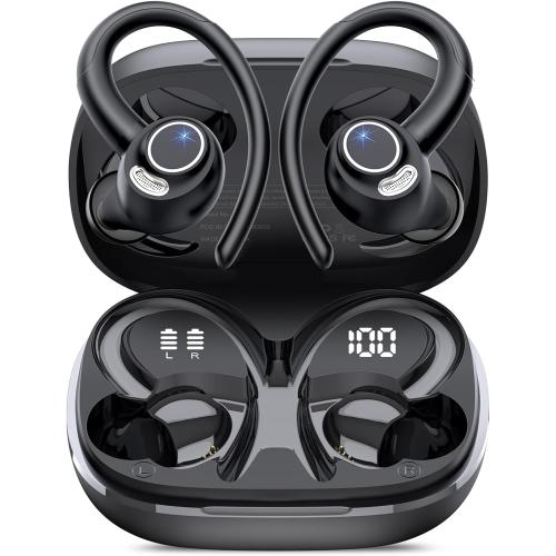 Wireless Earbuds, Bluetooth 5.4 Headphones Sport, Over Ear Buds With ENC Noise Cancelling Mic, 48H, Wireless Earphone With Earhooks, Stereo Deep Bass, IP7 Waterproof ear bud for Workout Running, Black