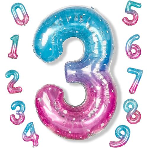 Large Blue Pink Starry 3 Balloons, 40 Inch Giant Mermaid Helium Mylar Foil Globos Numero for Girls, Self Inflating Rainbow 3rd Birthday Balloon for Women Three Anniversary Party Decorations Supplies