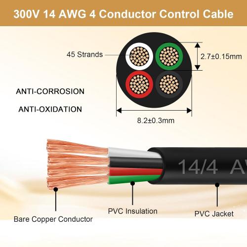 14/4 AWG Mini-Split Cable - 100FT 14 AWG 4 Conductor Control Cable 300V Stranded Oxygen-Free Pure Copper Wire for Mini Split Air Conditioner,Heat Pump,HVAC Systems and Speaker Systems