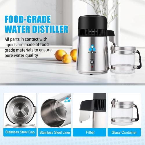 DC House Distilled Water Machine 1 Gallon, Stainless Steel Water Distiller for Home Countertop 110V 750W Purifier for Humidifier Office CPAP with Smart Switch, Glass Pot