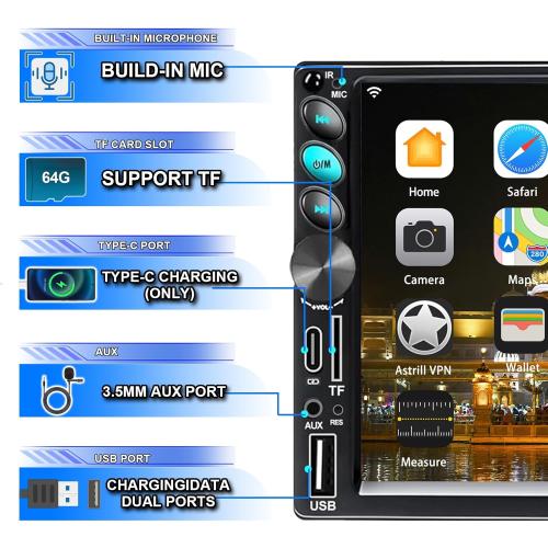 Double Din Car Stereo with Apple Carplay and Android Auto for Car Radio, Receivers Capacitive Touchscreen Car Stereo with Bluetooth, Mirror Link, FM, USB, TF, AUX, Type-C Charging, Backup Camera, SWC