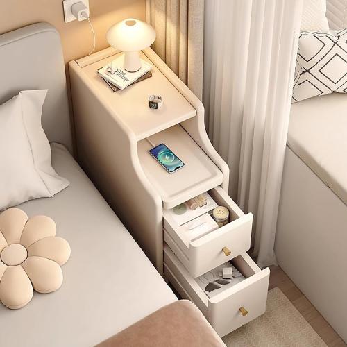 Narrow End Table with 2 Drawers, Wood Beside Table with Table Legs Floor Nightstand Slim Side Table Modern Night Stand White for Living Room Bedroom (Missing The Parts, See The Pictures)